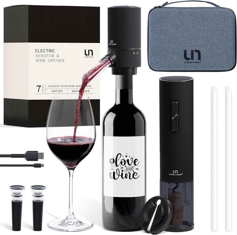 urban noon Rechargeable Electric Wine Opener Set with Aerator, Foil Cutter & Vacuum Stoppers – Automatic Wine Bottle Opener Kit with Portable Case – 7 Piece Wine Gift Set (Black Matte) - Image 1